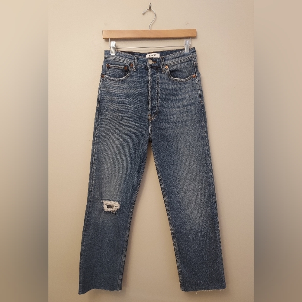 Re/Done Blue Denim Distressed Jeans Size 27 Button Fly Ankle - Picture 3 of 12